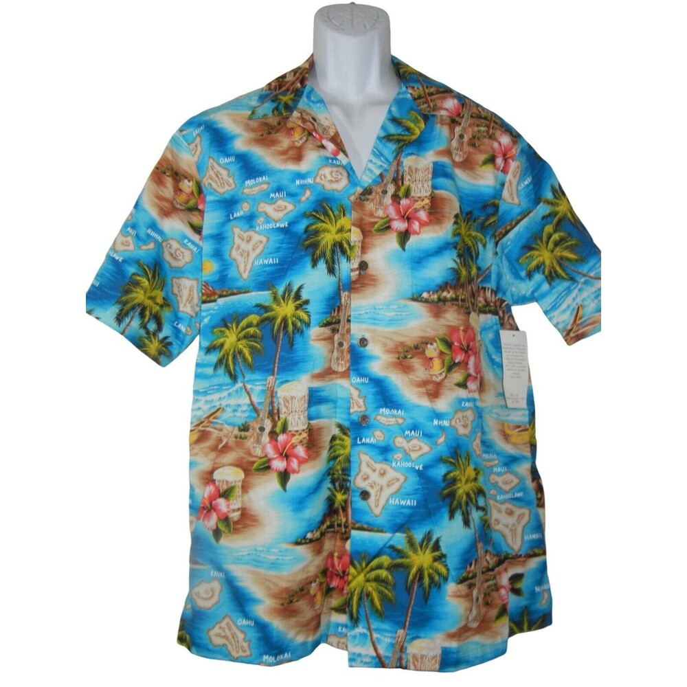 RJC Hawaiian Shirt Men Size XL Palm Trees Floral Guitars Short Sleeve Hawaii